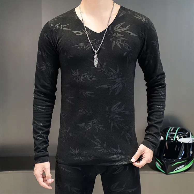 秋冬男士无痕保暖德绒修身V领压花磨毛秋衣秋裤潮流竹叶时尚套装