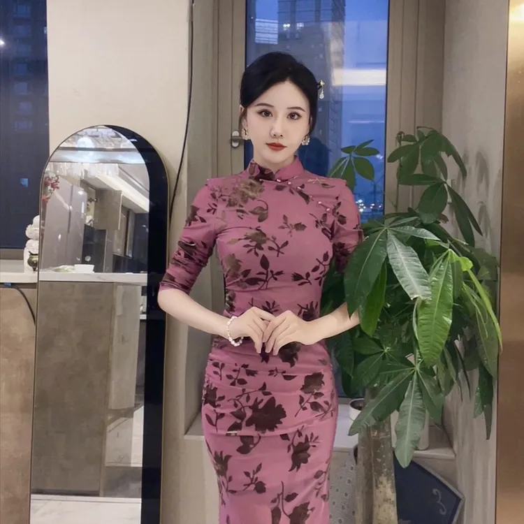 YUN《明月松间》长袖粉紫色修身ins新中式优雅气质旗袍连衣裙