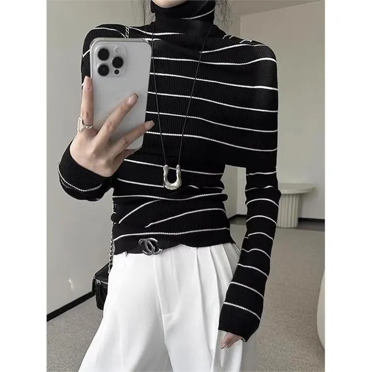 韩系高级感针织衫上衣两件套装女秋冬高领披肩圆领长袖条纹毛衣潮