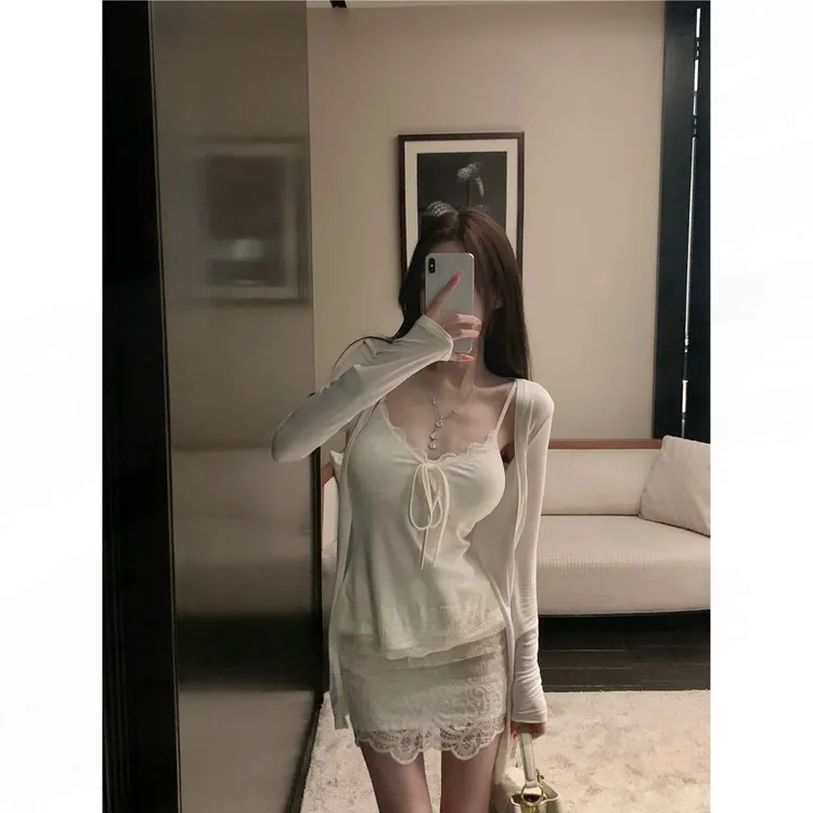杜总家 柔欲白开水*原创纯欲气质蕾丝花边收腰百搭内搭吊带套装女