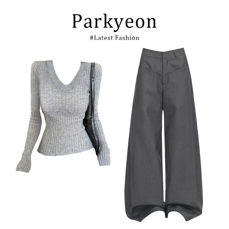 parkyeon秋季韩系时尚慵懒感长袖毛针织衫修身直筒休闲裤两件套女