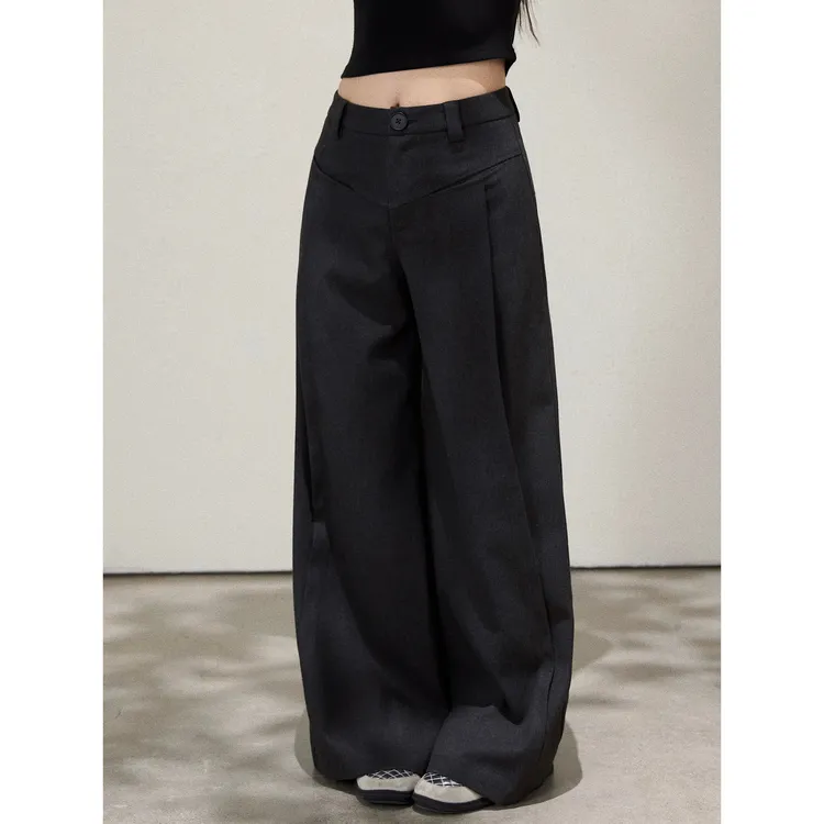 谢不肉 深灰色压褶阔腿显瘦西装裤女秋季直筒百搭休闲长裤50676