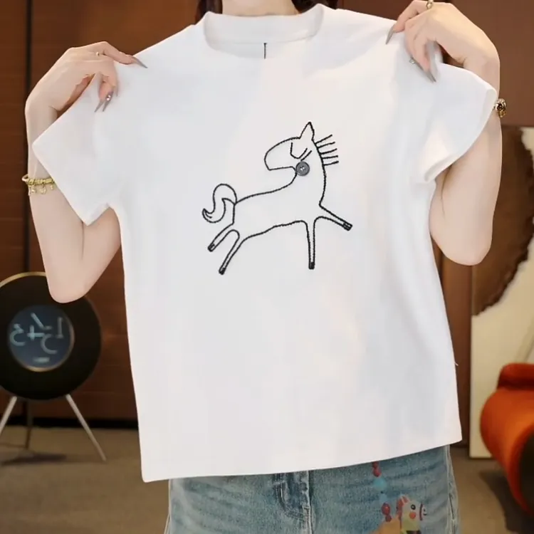 『素描画』新款常规款简约刺绣基础款百搭短袖T恤女上衣LK2509338