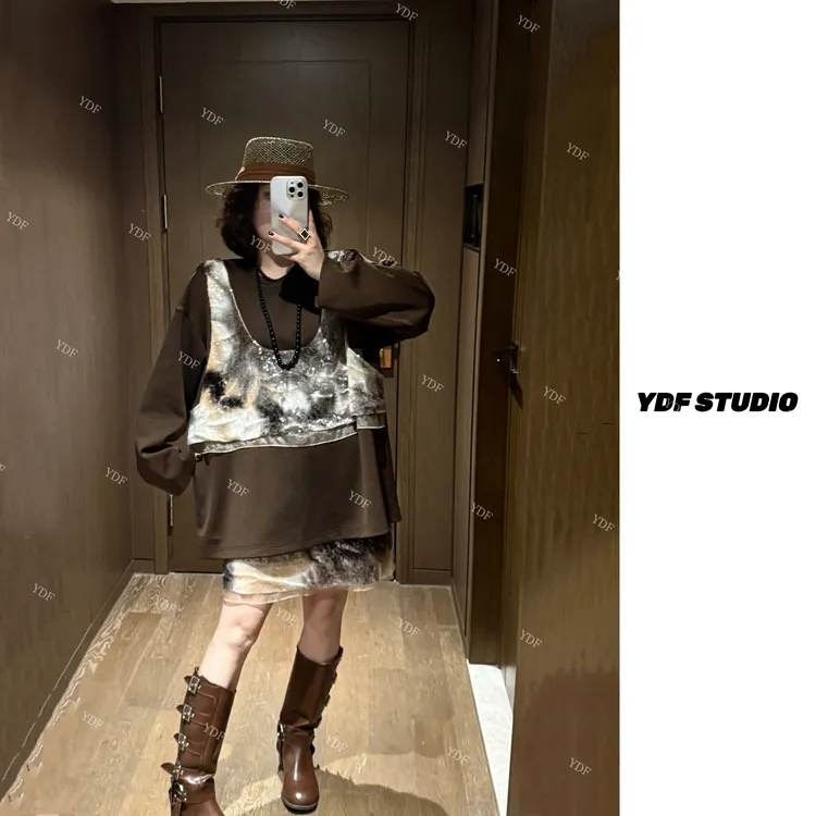 YDFSTUDIO小众【琥珀秋日】早秋高品假两件亮片吊带卫衣+裙裤套装