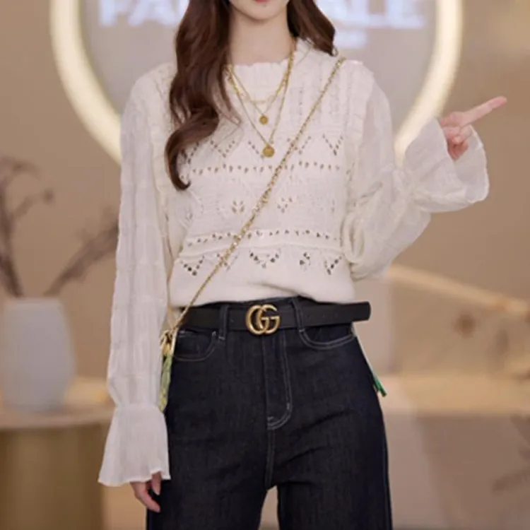 假两件镂空针织衫长袖t恤女2025春秋新款高级感小众时尚打底上衣