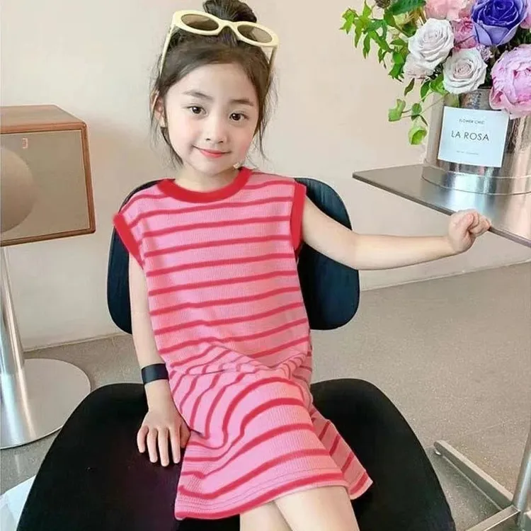 休闲风女童夏季蓬蓬裙条纹长款连衣裙婴儿装亲子装无袖春日慢人风