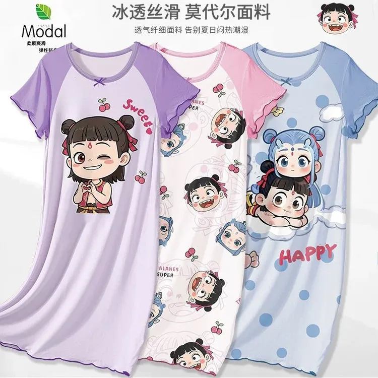 儿童睡衣薄款夏季莫代尔大童女童睡裙亲子家居服哪吒2025新款女孩
