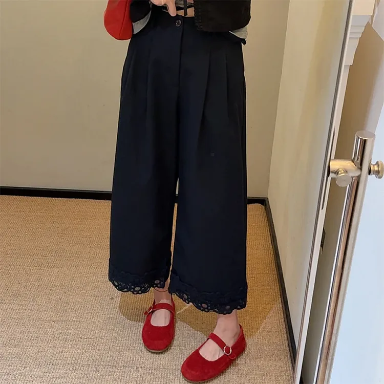 韩系小众花边直筒裤阔腿裤女2025夏季新款宽松显瘦百搭休闲九分裤