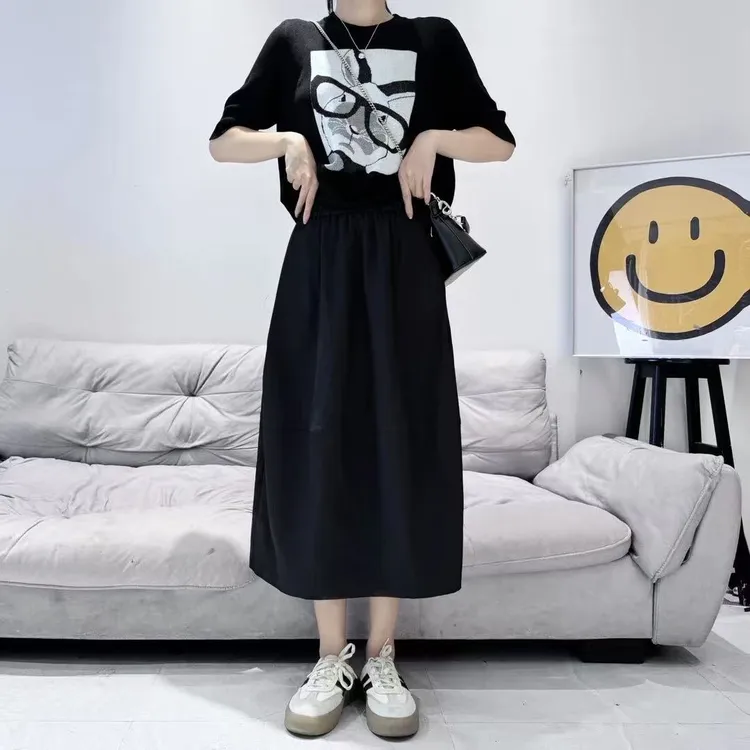 2025早秋新品赫本风花苞裙设计感拼接显瘦半身裙秋冬百搭黑色裙子