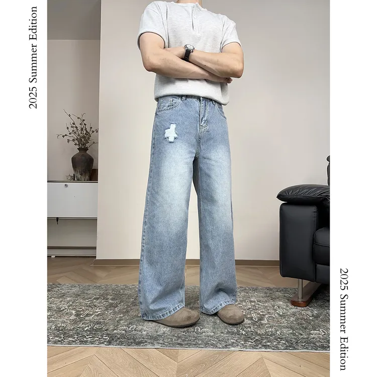 手擦破坏/Cleanfit ‘2021M’水洗蓝牛仔裤简约宽松磨破洞百搭长裤