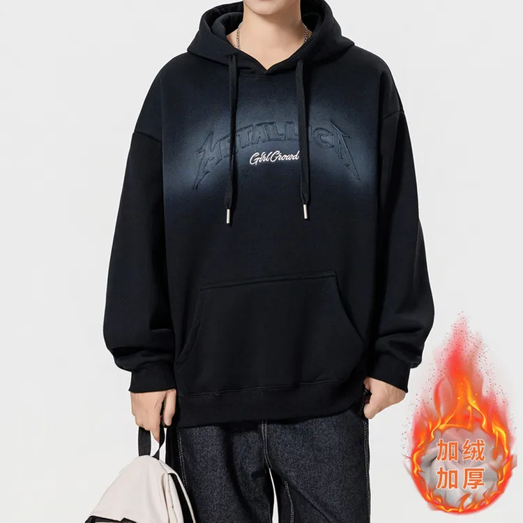 2025冬季新款青少年加绒加厚连帽卫衣潮牌韩风高品质学生上衣外套