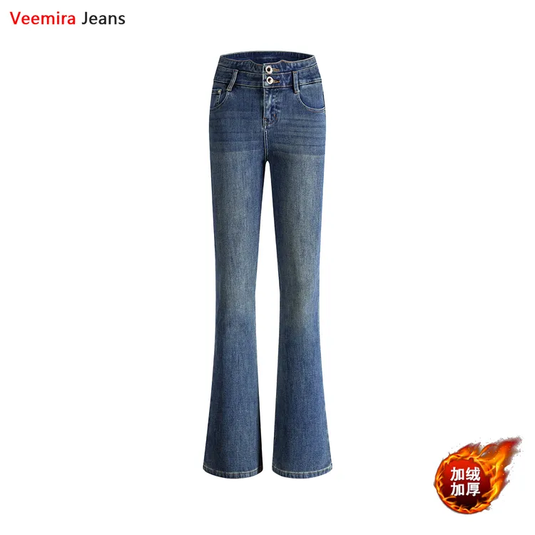 加绒加厚深海蓝微喇叭牛仔裤女高腰排扣2026新款显瘦显高休闲弹力