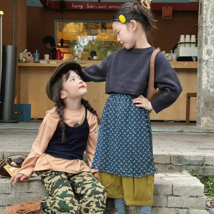 女童韩版秋季新款短款纯色上衣2025半身裙宽松休闲阔腿裤潮两件套