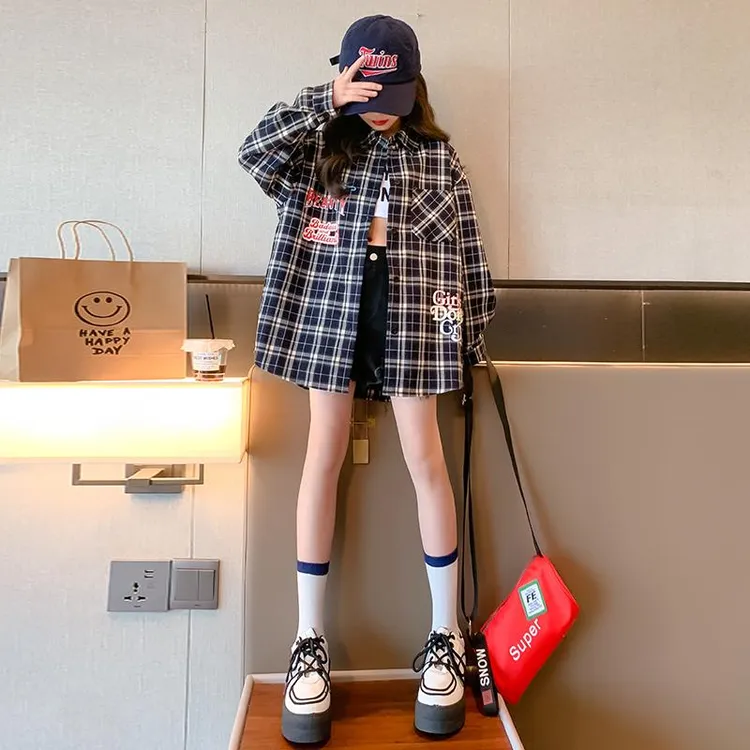 范哲萨女童格子衬衫春秋款2025新款洋派儿童韩版时髦春装中大童长