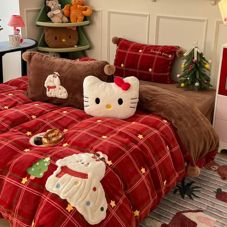 猫咪日记INS星星圣诞马尔济斯毛球款牛奶绒四件套保暖三件套床品