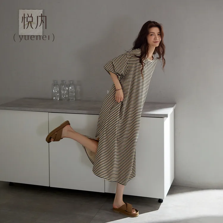 悦内睡裙女款睡衣夏季纯棉短袖长款家居服夏款宽松大码条纹可外穿