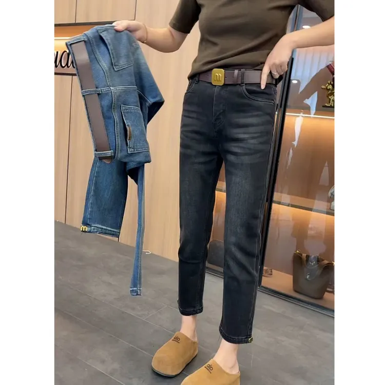 黑灰色高腰弹力直筒牛仔裤女2025年秋冬加绒显瘦小个子九分烟管裤