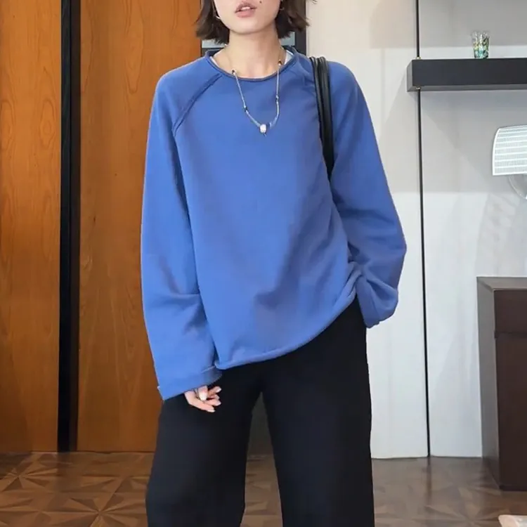 蓝色显白圆领休闲上衣女2025秋季新款高级感气质宽松显瘦长袖卫衣