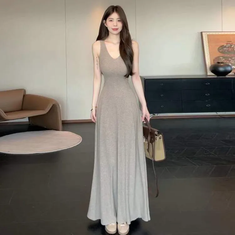 2184夏季新款法式高级感茶歇纯欲长裙收腰显瘦针织背心无袖连衣裙