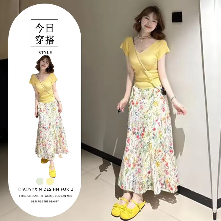 夏装搭配一整套茶系穿搭多巴胺修身显瘦绝美碎花连衣裙子两件套装