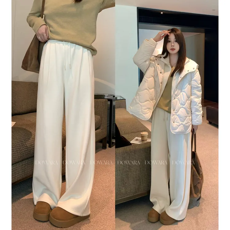 现货大婉酱微胖定制韩系冬季加绒加厚百搭气质阔腿休闲裤子 2556D