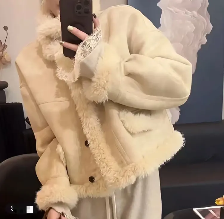 毛毛外套冬季新款韩系超好看保暖小个子加厚皮毛一体外套