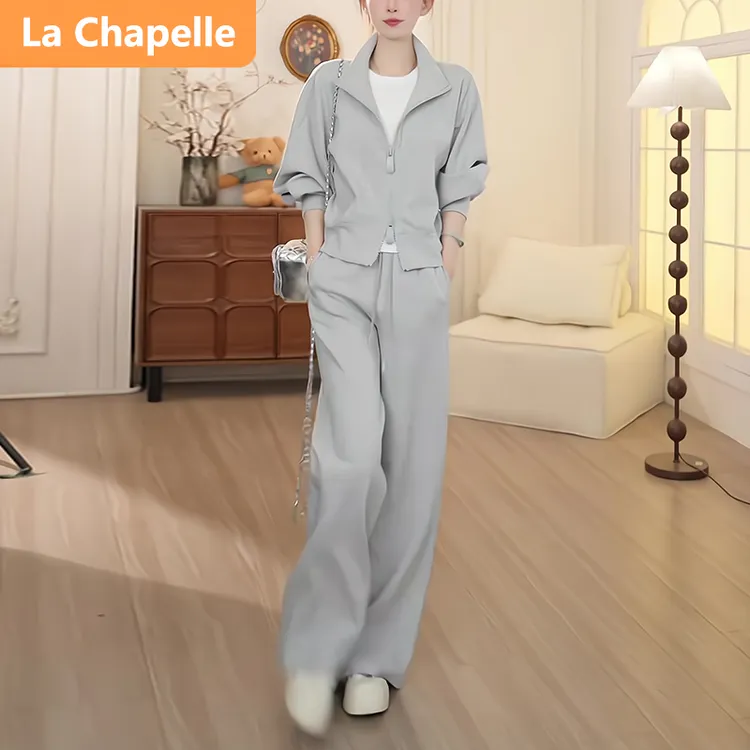 拉夏贝尔酷飒拽姐穿搭时髦休闲套装女又a又飒宽松显瘦灰色两件套