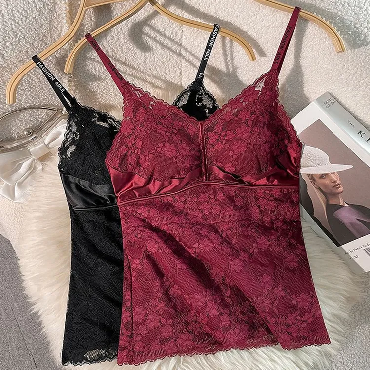 带胸垫加绒保暖背心女士冬季性感蕾丝美背一体式内衣内搭吊带上衣