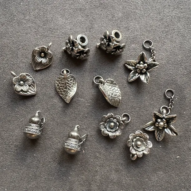 足银银制品 足银999复古古风花花叶子小提溜小卡子手串配件