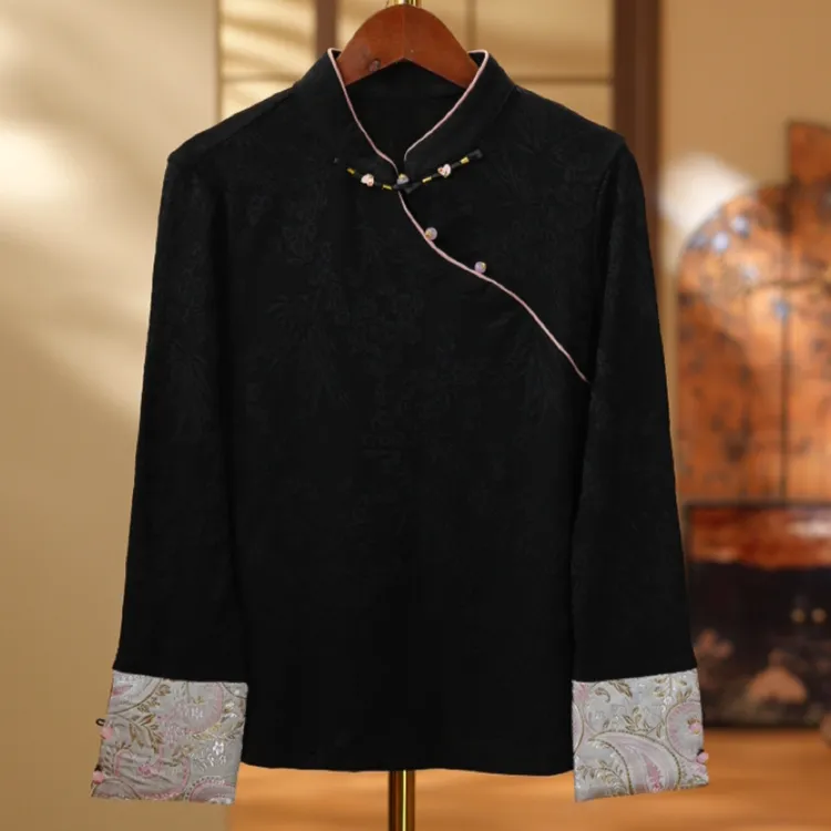 《秋立雨-打底衫》2025新中式国风提花女士百搭打底衫