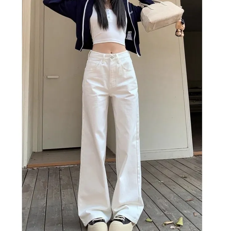 潮牌白色阔腿牛仔裤女2025新款春秋小个子高腰显瘦宽松百搭直筒裤