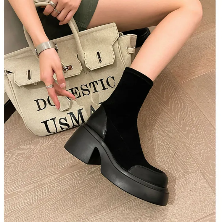 厚底马丁靴女2025秋季新款英伦风加绒短靴爆款高跟弹力靴瘦瘦女靴