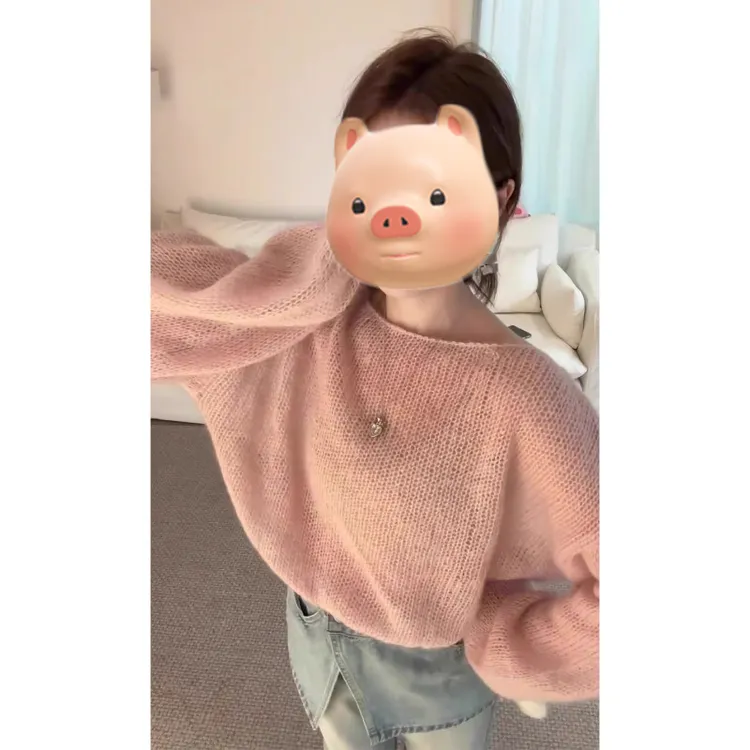 粉色圆领镂空长袖针织衫女秋冬宽松内搭套头毛衣独特漂亮早秋上衣