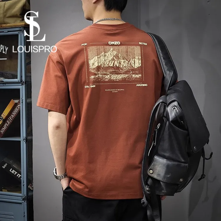 Louispro2025新款美式重磅短袖男潮牌山系印花夏季宽松大码休闲