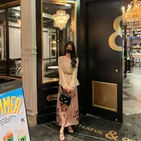 Liixu日系温柔慵懒风夏季新款纯色长袖罩衫印花吊带裙