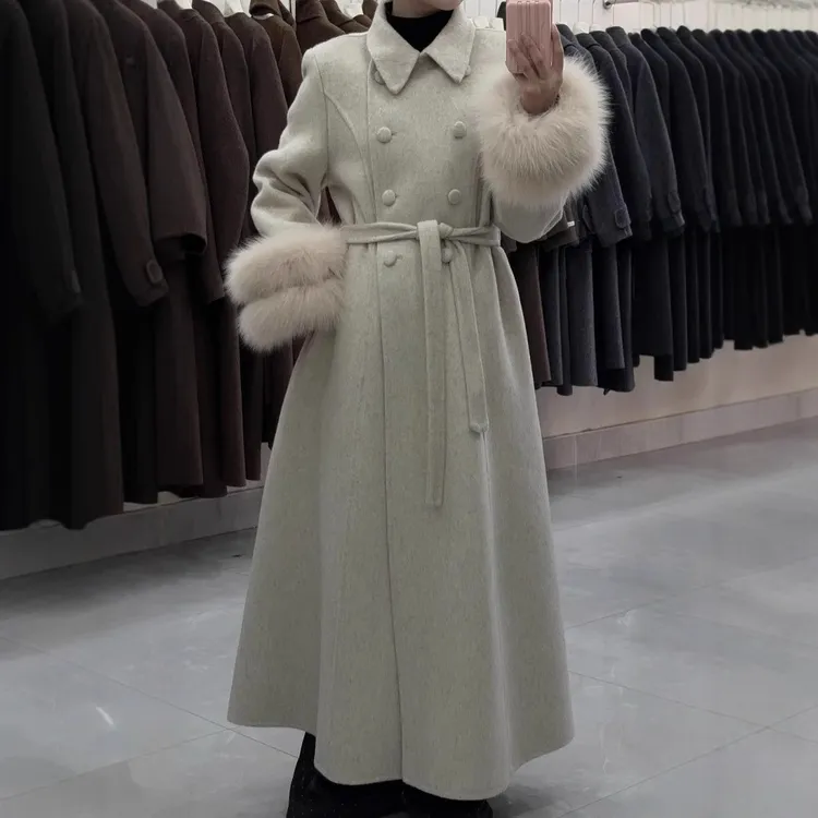 25新款方领包扣双毛袖加长款双面羊毛呢大衣韩系时尚潮流毛呢外套