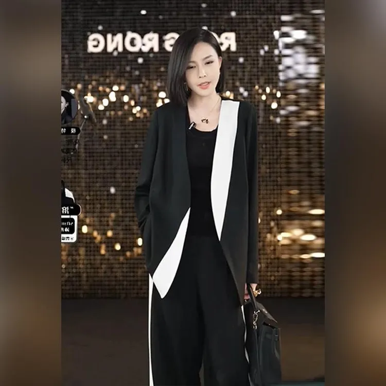 欧货职业干练气质高级时尚西装套装黑白撞色轻熟阔腿裤两件套女
