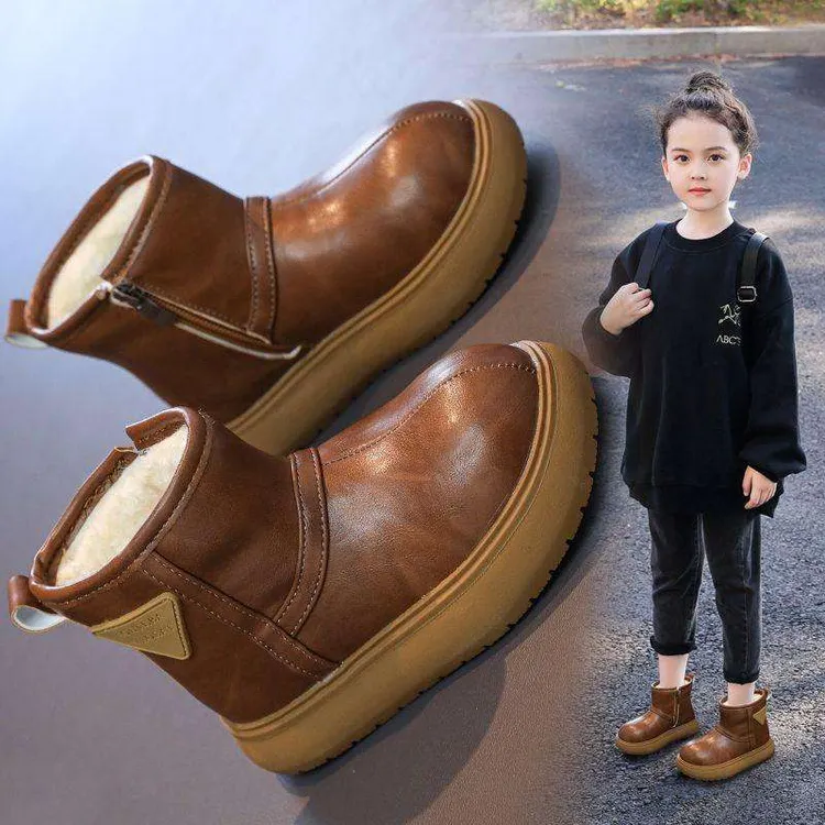 FAVMARTHA真皮儿童雪地靴女童2025冬季新款女孩防水防滑大棉鞋加