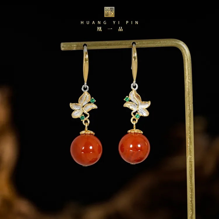 【凰一品】正色柿子红南红耳钩S925