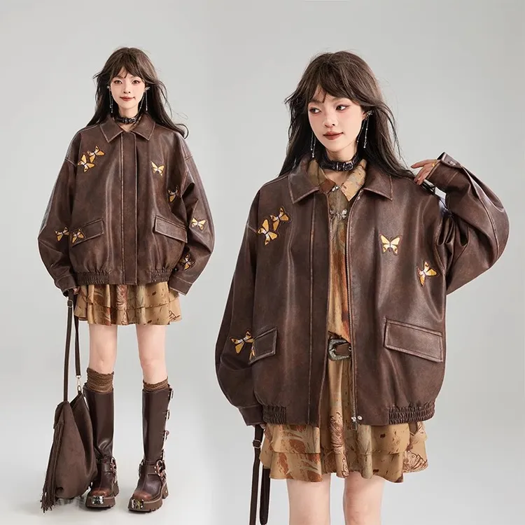 蝴蝶绣高级感棕色皮衣外套2025春季新款美拉德穿搭复古皮夹克显瘦