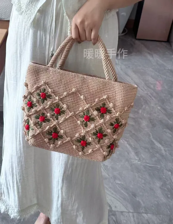 新品拉菲草手钩玫瑰花编织包（线+配件+工具）