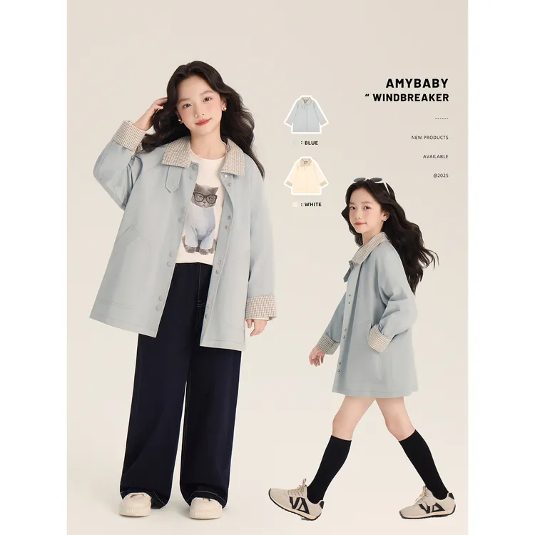 Amybaby女童上衣秋季2025新款复古撞色拼接polo领风衣外套