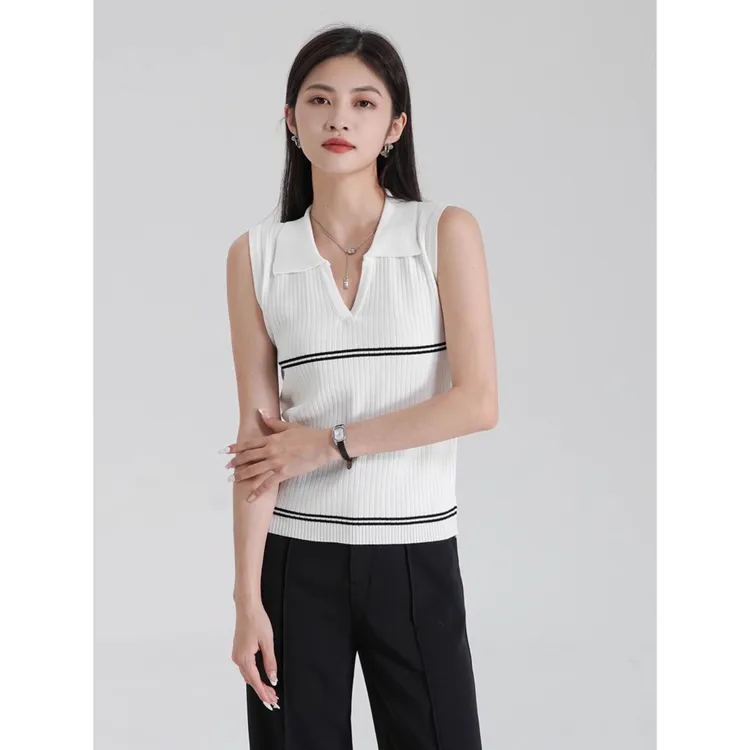 白色翻领针织吊带背心女夏季休闲无袖内搭打底马甲上衣2025年新款