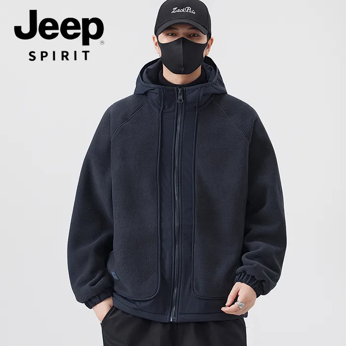 JEEPSPIRIT吉普加厚摇粒绒连帽外套男士休闲保暖夹克冬装棉上衣服