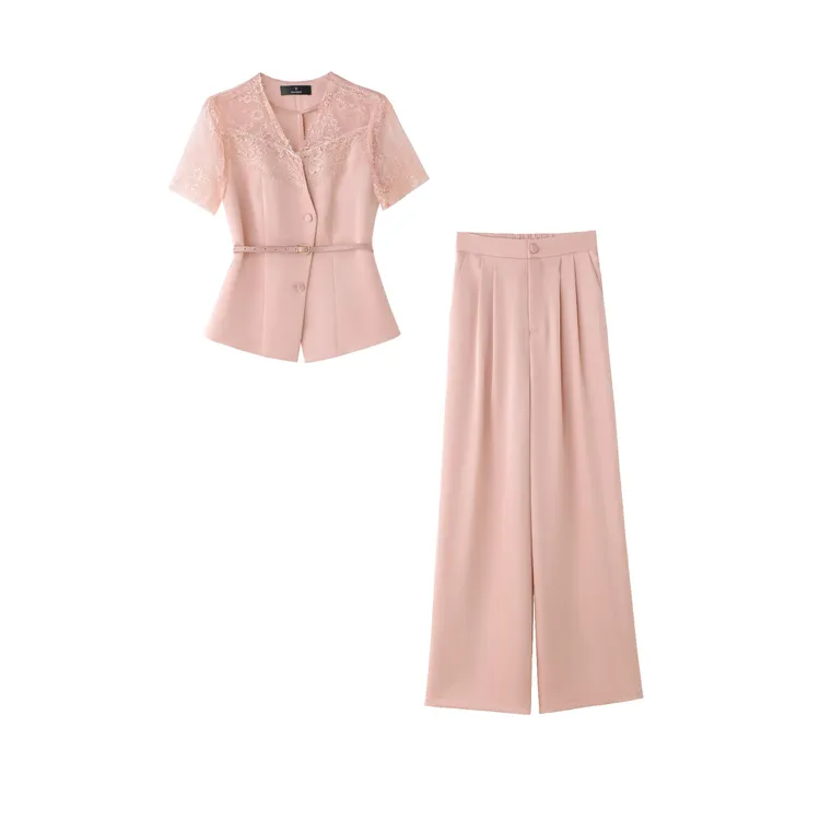 【纪朵研】869#夏季名媛镂空蕾丝拼接通勤气质时尚轻职风套装