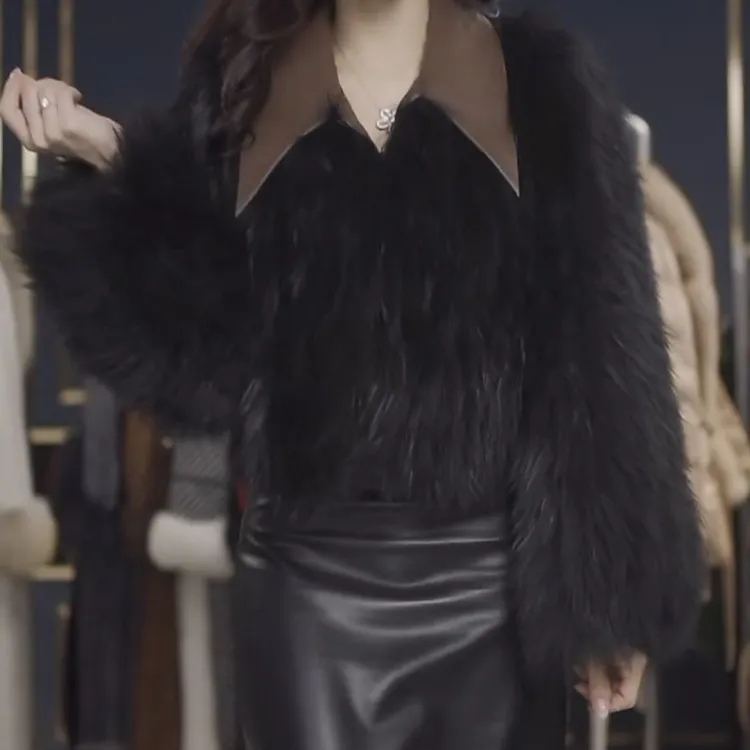 冬季新款时尚防寒保暖外套女毛毛翻领拼接百搭休闲