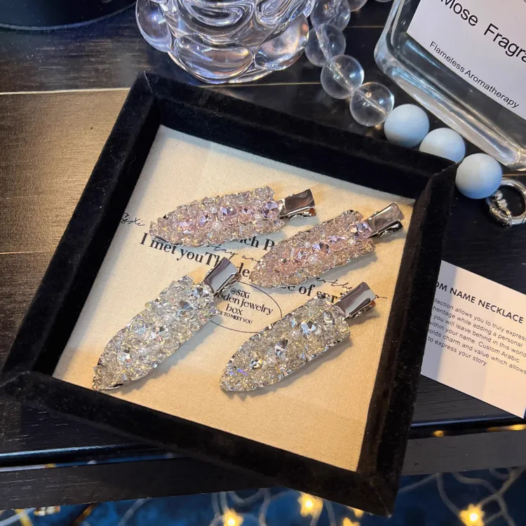 轻奢高级感闪亮粉色水晶冲浪板鸭嘴夹金属铲子发夹边夹时尚气质