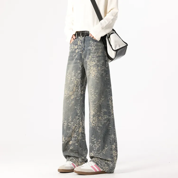 宽松秋季显瘦男长裤微喇牛仔裤直筒裤提花阔腿裤显高水洗时尚裤子
