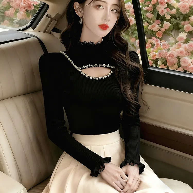 高级感半高领打底衫毛衣女爆款春秋百搭显瘦钉珠镂空内搭针织上衣