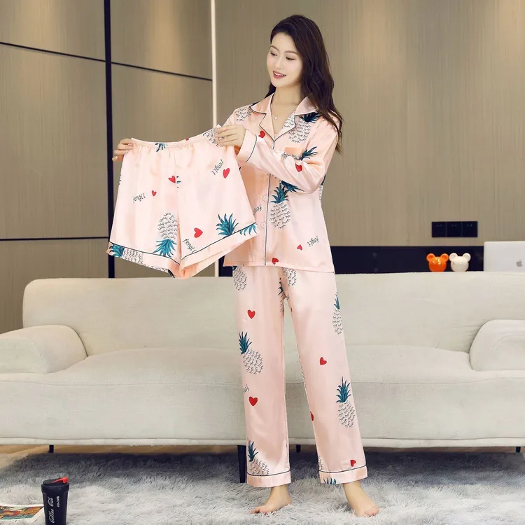 冰丝睡衣女三件套夏季薄款高级感长袖长裤高级感家居服套装春秋